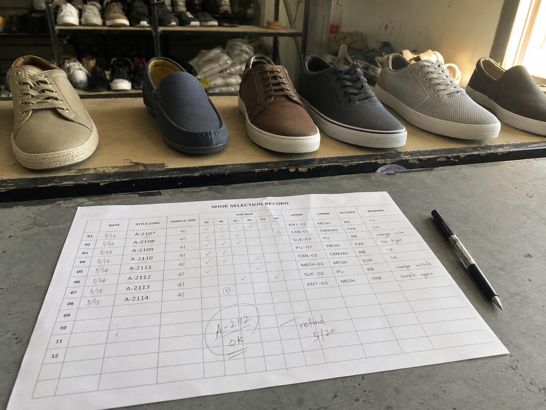 展厅样品架上一排样鞋,前面摊着一张手写的选款记录表