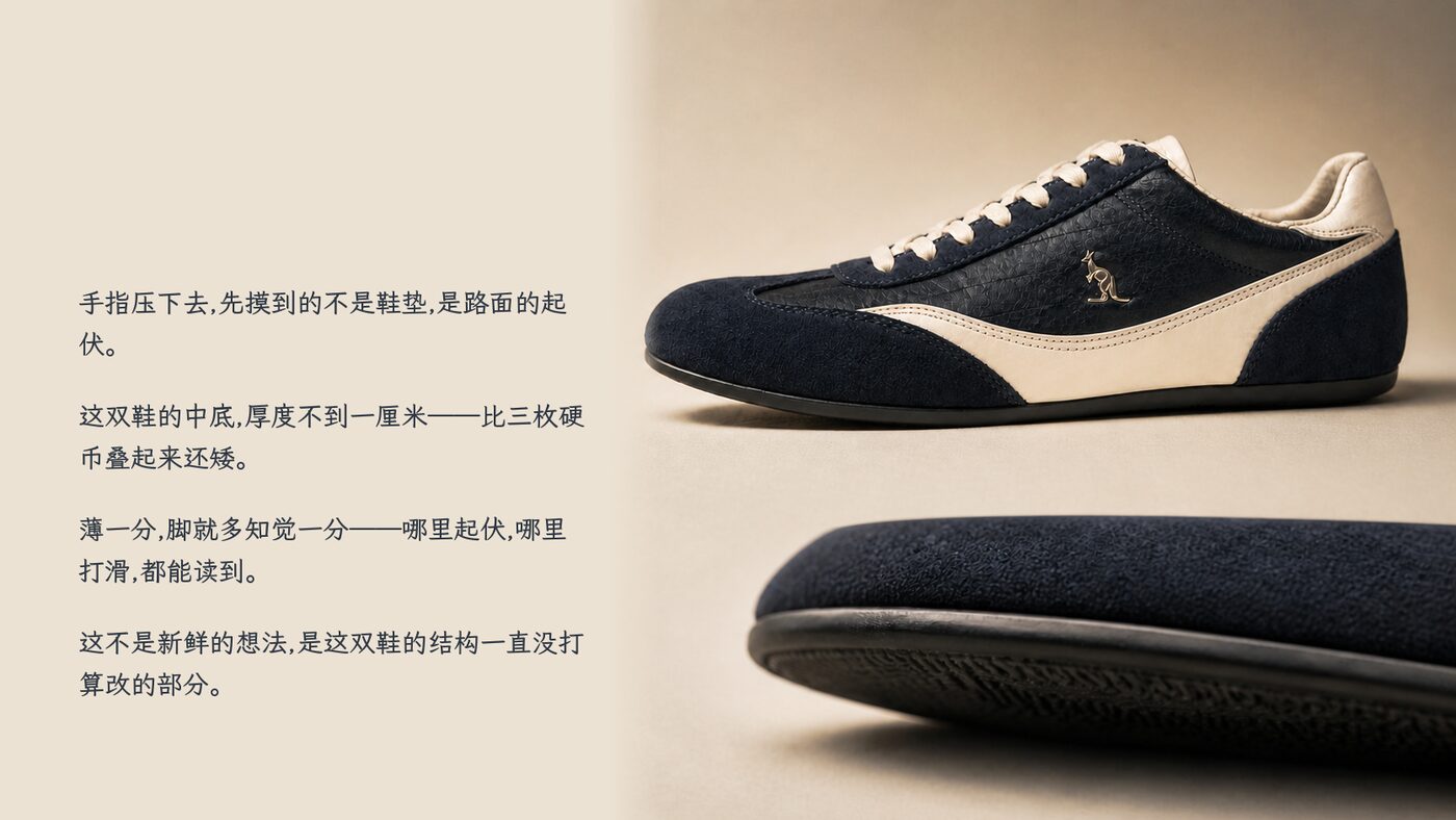 产品观察版面:左侧薄底卖点文字,右侧深靛蓝鞋侧面与鞋底厚度特写