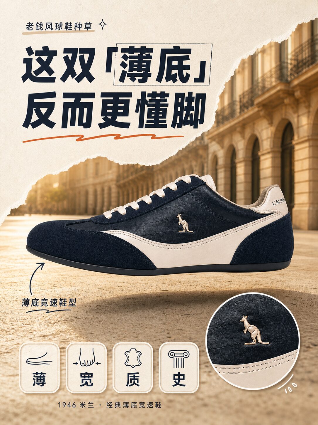 种草图封面钩子版:大标题「这双「薄底」反而更懂脚」,下方薄宽质史四个卖点导航格,右下角鞋底细节圆窗