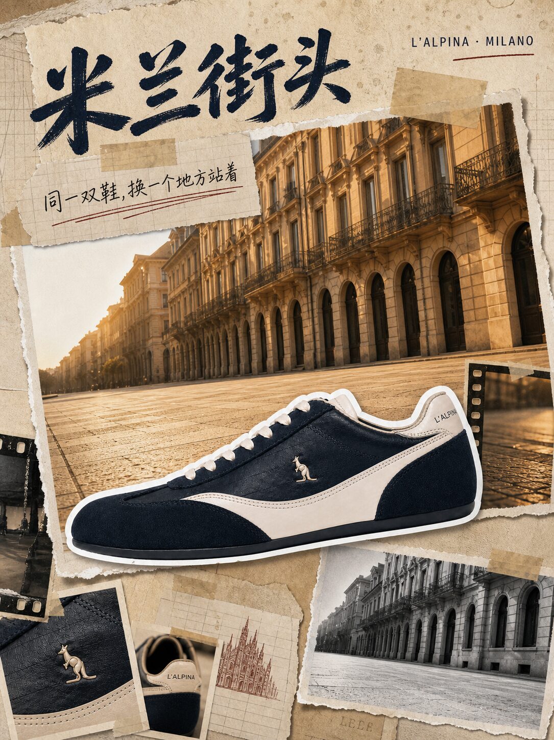 种草图场景氛围版:剪贴簿排版的「米兰街头」,深靛蓝球鞋放在米兰街景照片上,配旧照片与胶片边拼贴