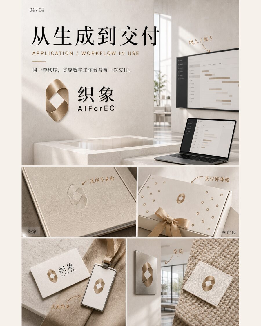 应用场景:素材工作台界面、压印提案册、交付礼盒、名片、织唛与金属牌